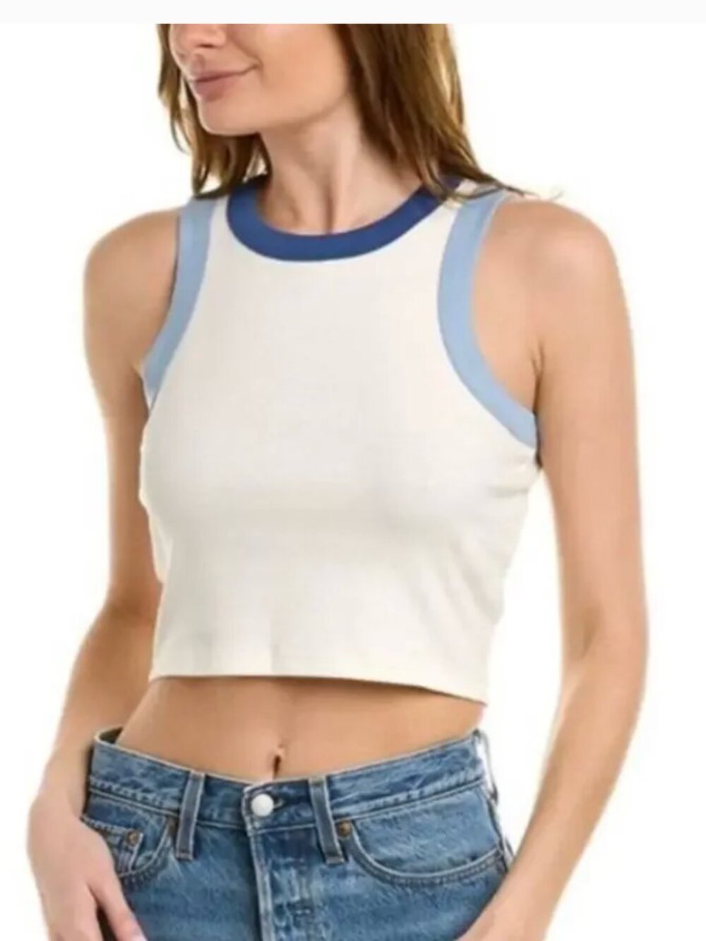 Madewell Fitted Crop Tank Top in White and Blue Madewell Brightside